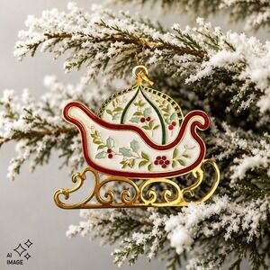 Pfaltzgraff Winterberry‎ Sleigh Christmas Ornament Gold Tone Enamel Holly Berry